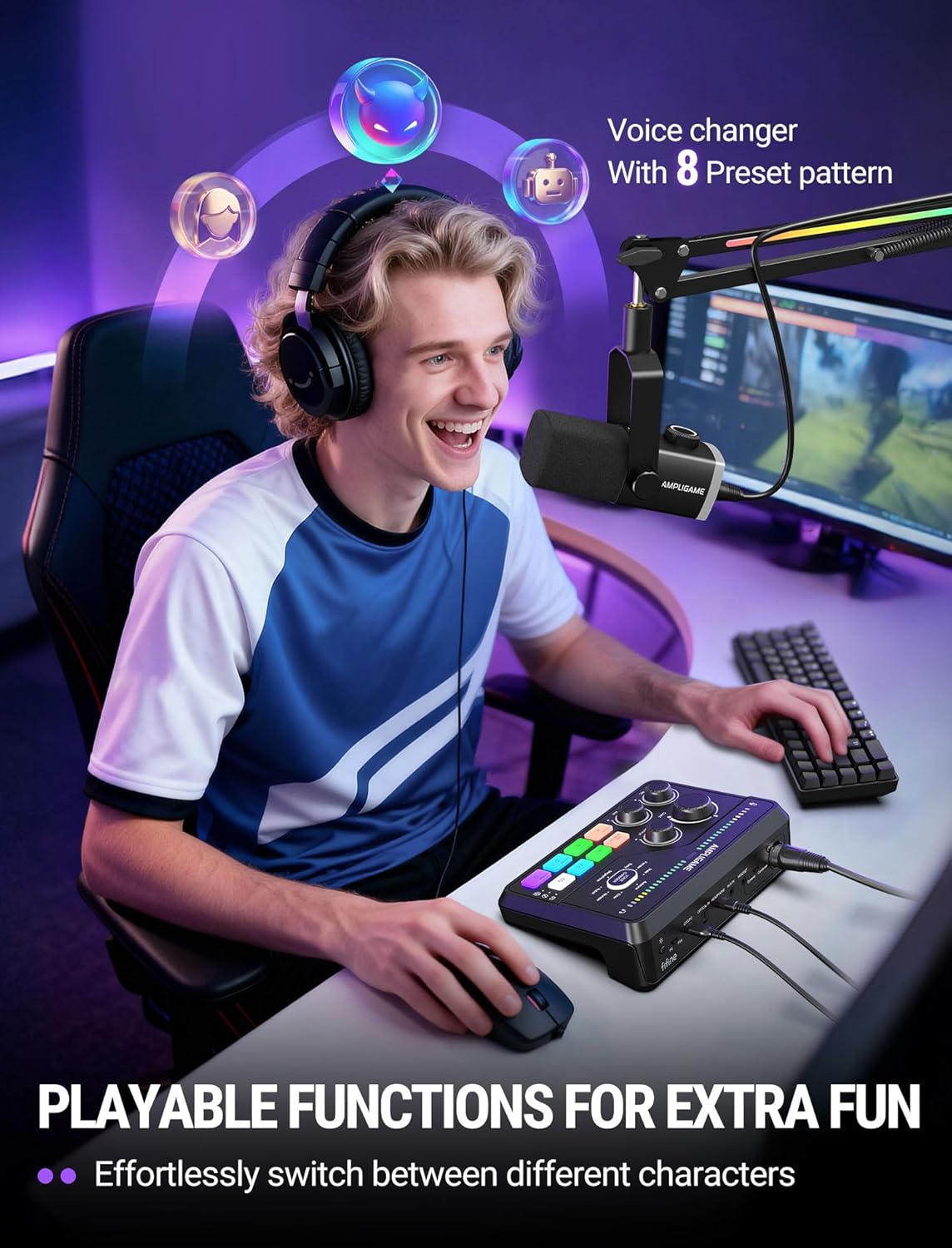 Fifine Gaming Audio Mixer for 7.1ch Surround Sound Headphone Amp-Volume Control-Voice Chat and Streaming-XLR Mic Preamp-USB Plug&Play-Voice Changer-RGB-3 EQ Modes Ampligame SC8