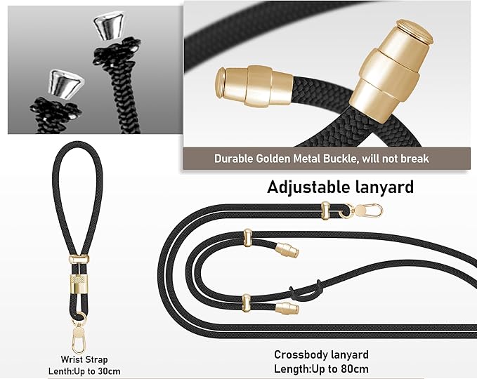 Cell Phone Lanyard Adjustable Crossbody Phone Lanyard *1 Phone Wrist Strap *1 with Deluxe Gold Matal Buckle + Clear Tether Tabs *2 for Shopping Travelling Hiking(BLACK)