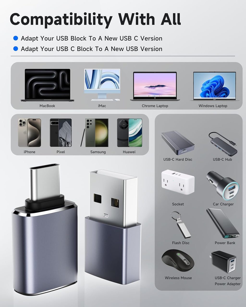 LERTOSN 4 Pack USB to USB C Adapter, USB 3.0 & USB C to USB A Adapter, OTG Converter for iPhone 16/15/14, MacBook Pro/Air 2024, Samsung S25/S24, Car Charger,Fast Data Transfer & Charging