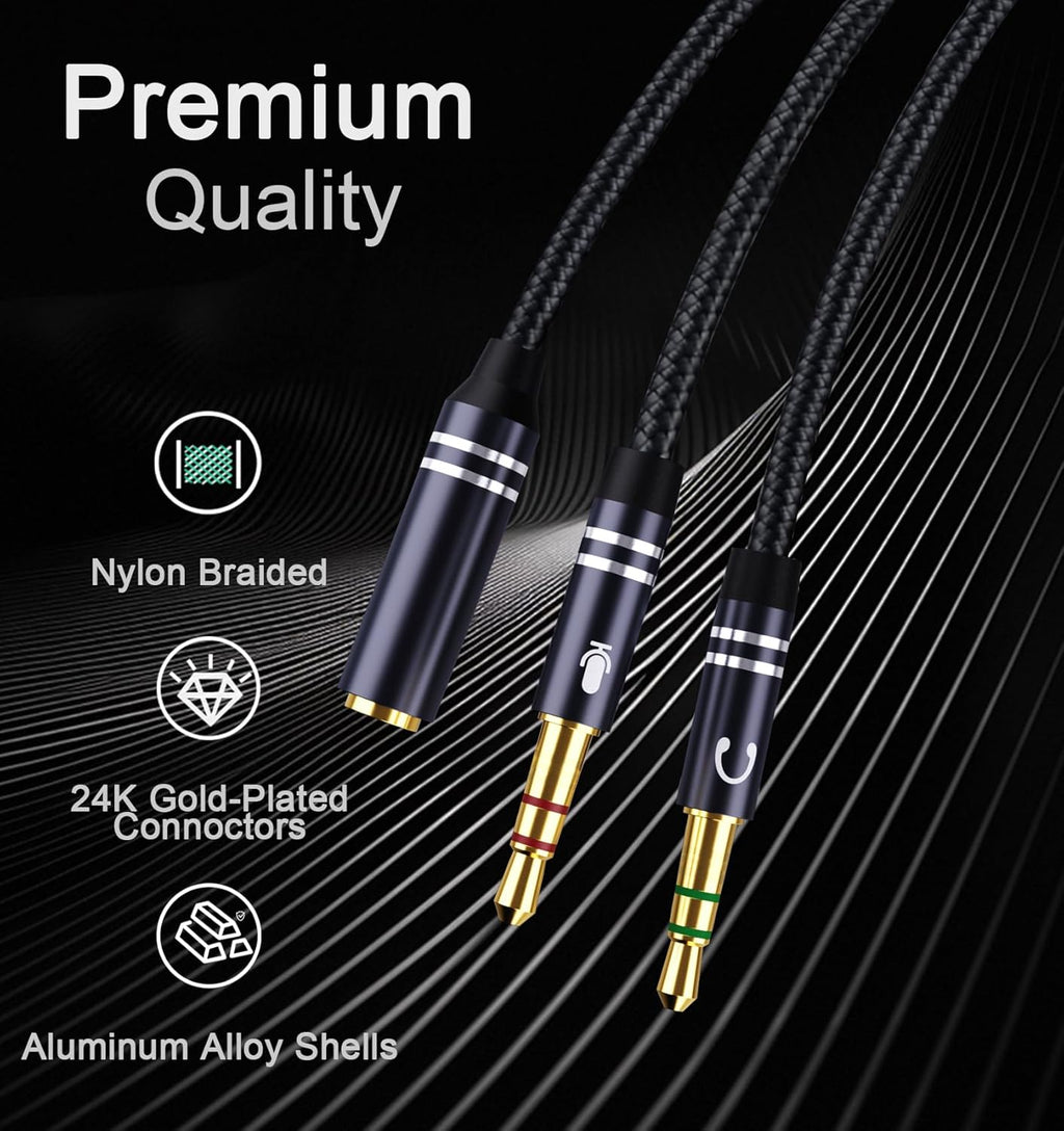 Braided Headphone Splitter for Computer, 3.5mm Female to 2 Dual 3.5mm Male Earphones Port, Mic Y Audio Splitter Cable Compatible with Headset Microphone Gaming Computer Speaker Laptop(35cm / 14in)