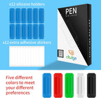 12 Pack Pen Holder for Desk, Silicone Pencil Holder with 12 Extra Adhesive Stickers, Adhesive Pen Holder & Marker Clip for Classroom Office Desk or Any Surface, Teacher Accessories Supplies (Blue)