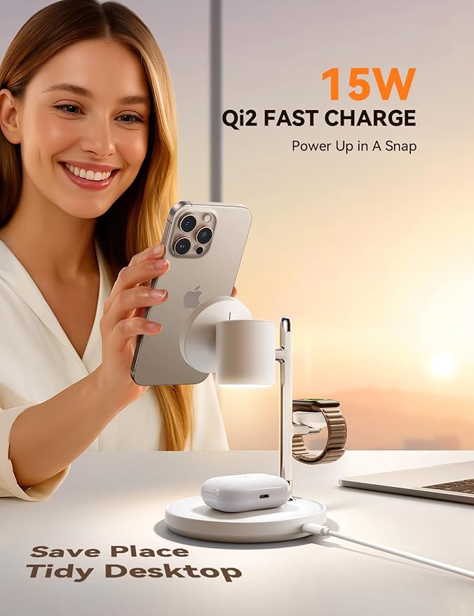 15W MagSafe for JOYROOM, Fast Qi2 Certified 4-in-1 MagSafe Charging Station for Apple, Wireless Charger for iPhone 16/15/14/13/12 Pro Max Series, iWatch, AirPods 4/3/2/Pro(Cable& 30W Adapter Included)