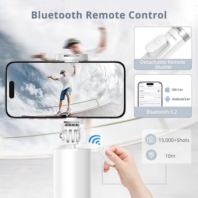 ATUMTEK 63" Phone Tripod, Extendable Selfie Stick Tripod with Bluetooth Remote, All-in-One Aluminum with Cold Shoe Mount for GoPro, 4"-7" iPhone and Android Smartphones, White