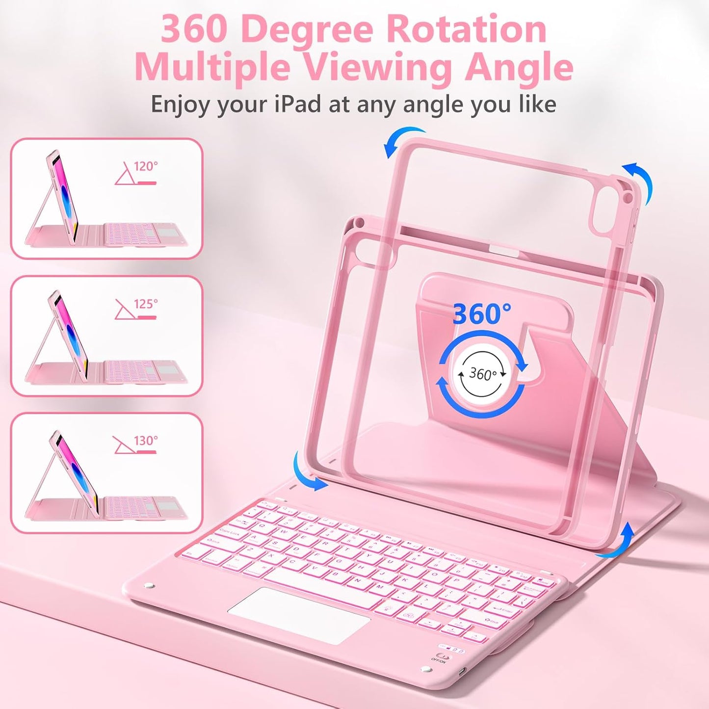 TaIYanG Touchpad for iPad A16 11th/10th Generation Case with Keyboard, 7 Color Backlit 360 Rotation Cover with Pencil Holder,Detachable Keyboard for iPad 11 inch 2025/10th Gen 10.9'' 2022 (Light Pink)