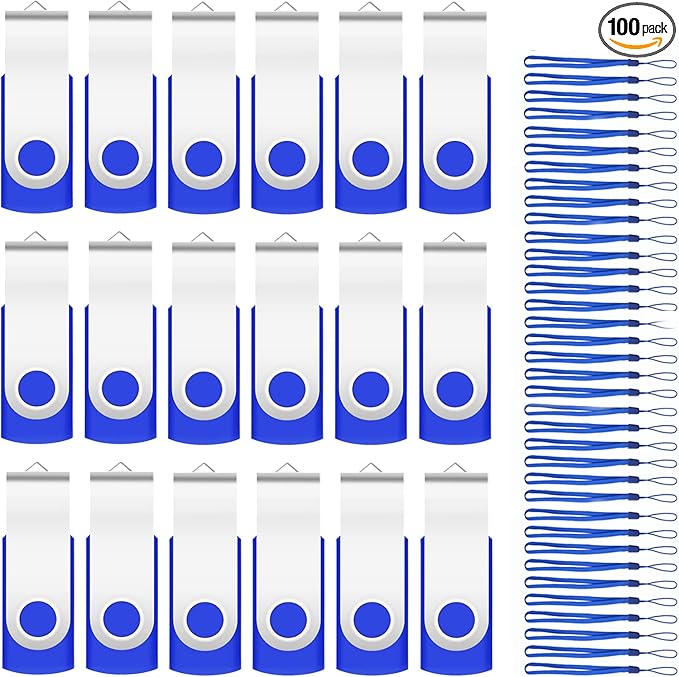 100Pack of 16GB Bulk Flash Drives EASTBULL Flash Drives Pack USB 2.0 Thumb Drives Bulk Swivel USB Drives Bulk with Strings (16GB-Blue)