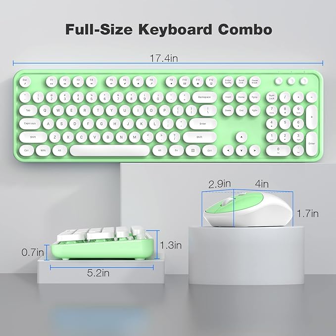 KNOWSQT Wireless Keyboard and Mouse Combo - White-Green Full-Sized 2.4 GHz 104 Keys Typewriter Cute Keyboard, Round Keycap and Optical Mouse for Windows, Computer, PC, Laptop, Desktop