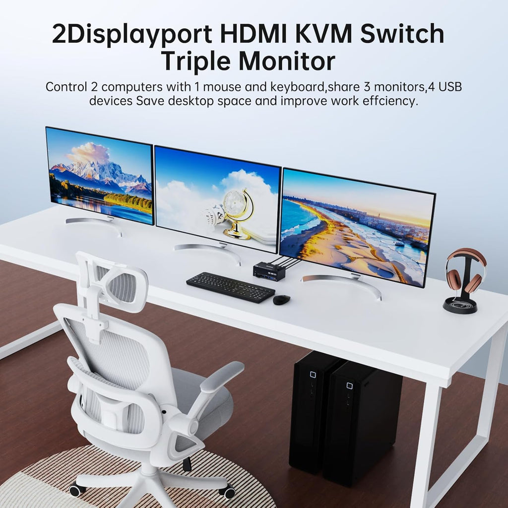 HDMI Displayport KVM Switch 3 Monitors 2 Computers 8K@60Hz 4K@144Hz,3 Monitor KVM Switch 2 Computers for 2 PC Share 3 Monitor and 4 USB3.0 Devices,Triple Monitor KVM Support Extended and Mirror Mode