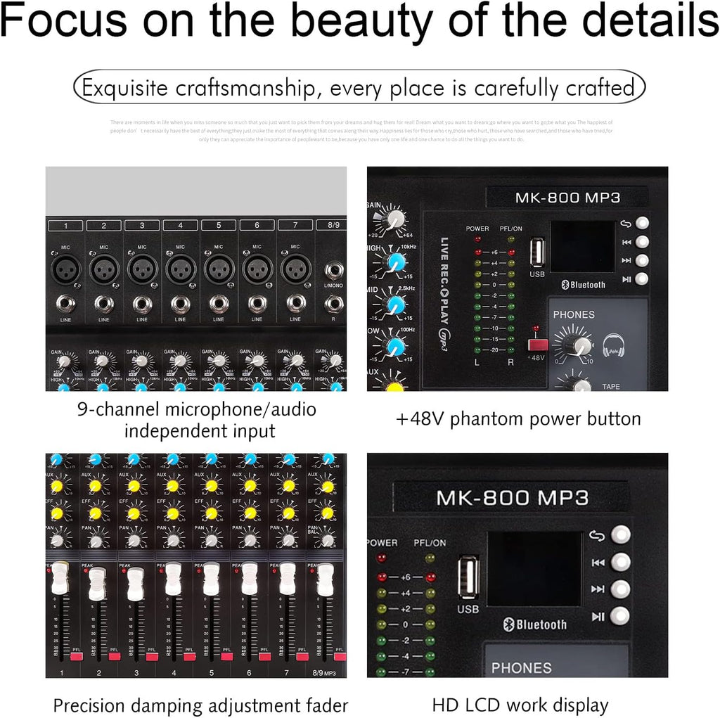 G-MARK MK800MP3 Professional Audio Mixer Sound Board 8 Channels Mixing Console with MP3 Player +48V Phantom Power Digital USB Bluetooth Reverb DJ Mixer Audio for PC Karaoke Stage Studio Recording