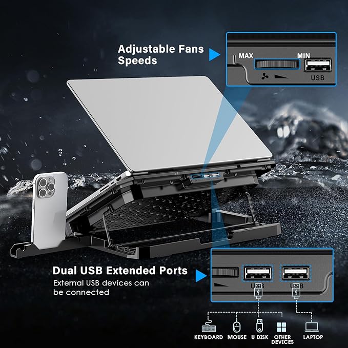 Laptop Cooling Pad, Laptop Cooler 6 Quiet Fans for 12"-17" Laptops, Laptop Cooler Stand with Phone Stand, Gaming Laptop Fan Cooling Pad Slim Portable USB Powered with 5 Angle Adjustable, 2 USB Ports