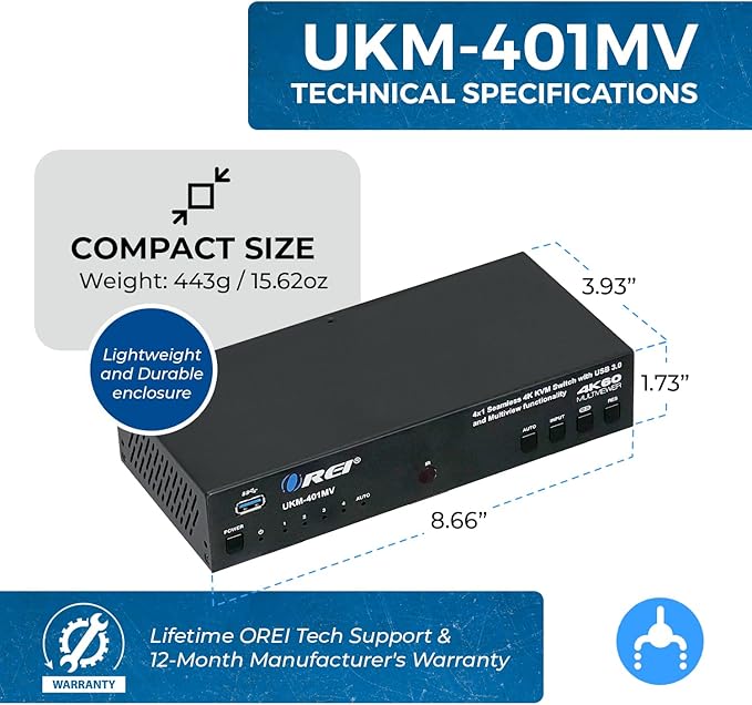 OREI 4x1 KVM HDMI Seamless Switch Multiviewer, Share Multiple Devices, PC, Computers, Phones, Gaming on One Display Monitor, Keyboard Control and USB 3.0 Peripheral Control
