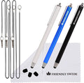 The Friendly Swede Stylus Pen for Touchscreen — 3-Pack 5.5" High Precision Stylus Pen with Replaceable Thin Tips, Elastic Lanyards & Screen Cleaning Cloth - Black/Blue/White
