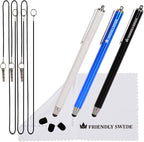 The Friendly Swede Stylus Pen for Touchscreen — 3-Pack 5.5" High Precision Stylus Pen with Replaceable Thin Tips, Elastic Lanyards & Screen Cleaning Cloth - Black/Blue/White