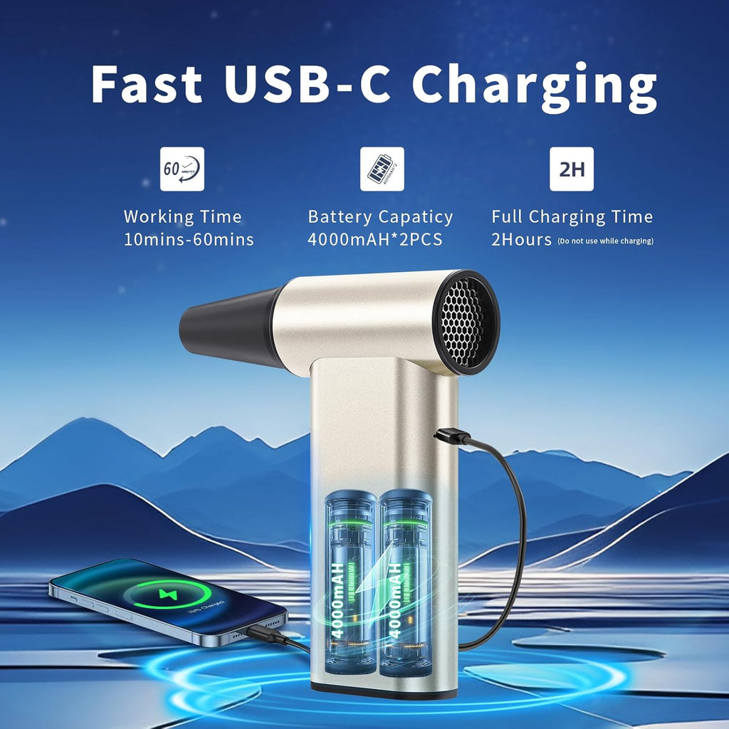 Compressed Air Duster, 300000RPM Electric Air Dusters Mini Blower Jet Turbo Fan, 4-Gear Adjustable Rechargeable & Cordless Air Duster, Dust Blower for PC, Keyboard, Home, Outdoor and Car