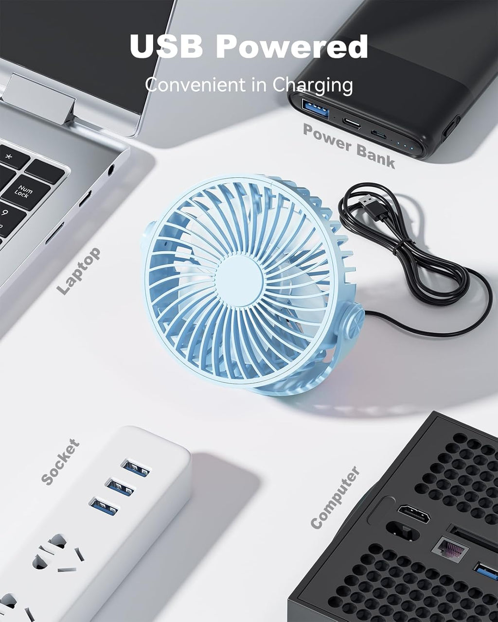 USB Desk Fan, 5 Inch Mini Portable, 3 Speeds Strong Airflow Personal Desktop, Detachable Cooling Fan 360° Rotation Quiet Small Fan for Desk Home Office Travel Car, Blue, 5ft Cable