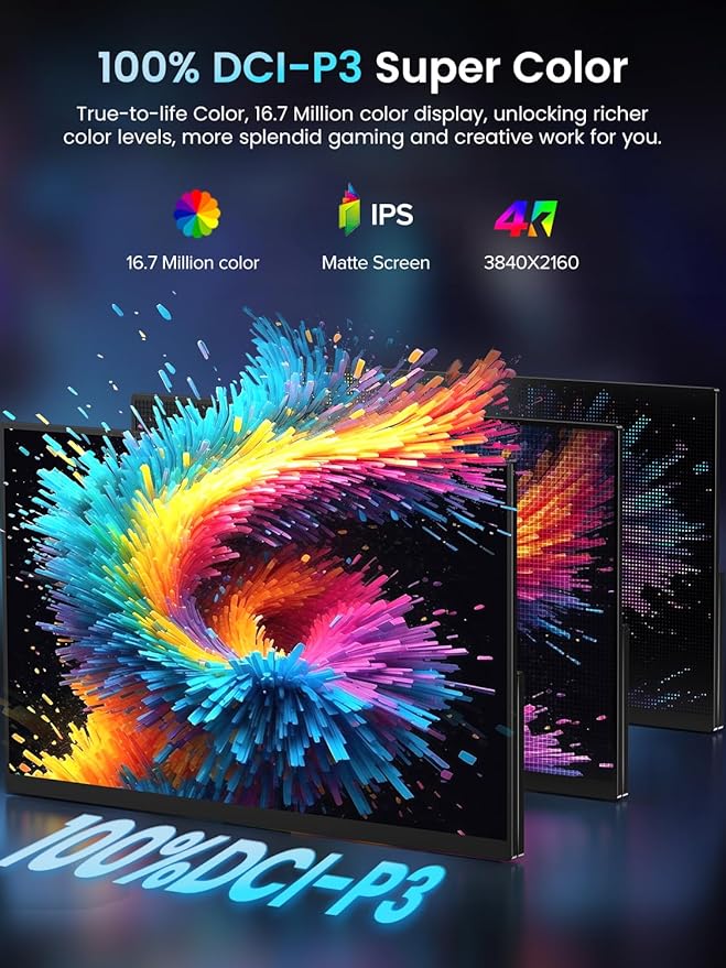 Newsoul Portable Monitor 4K, 120Hz Gaming Monitors 3840 * 2160 UHD, 100% DCI-P3, 1500:1 Contrast, FreeSync 0.1ms, Built-in Stand & Speaker, USB-C HDMI Portable Screen for Laptop, Phone, Game Console