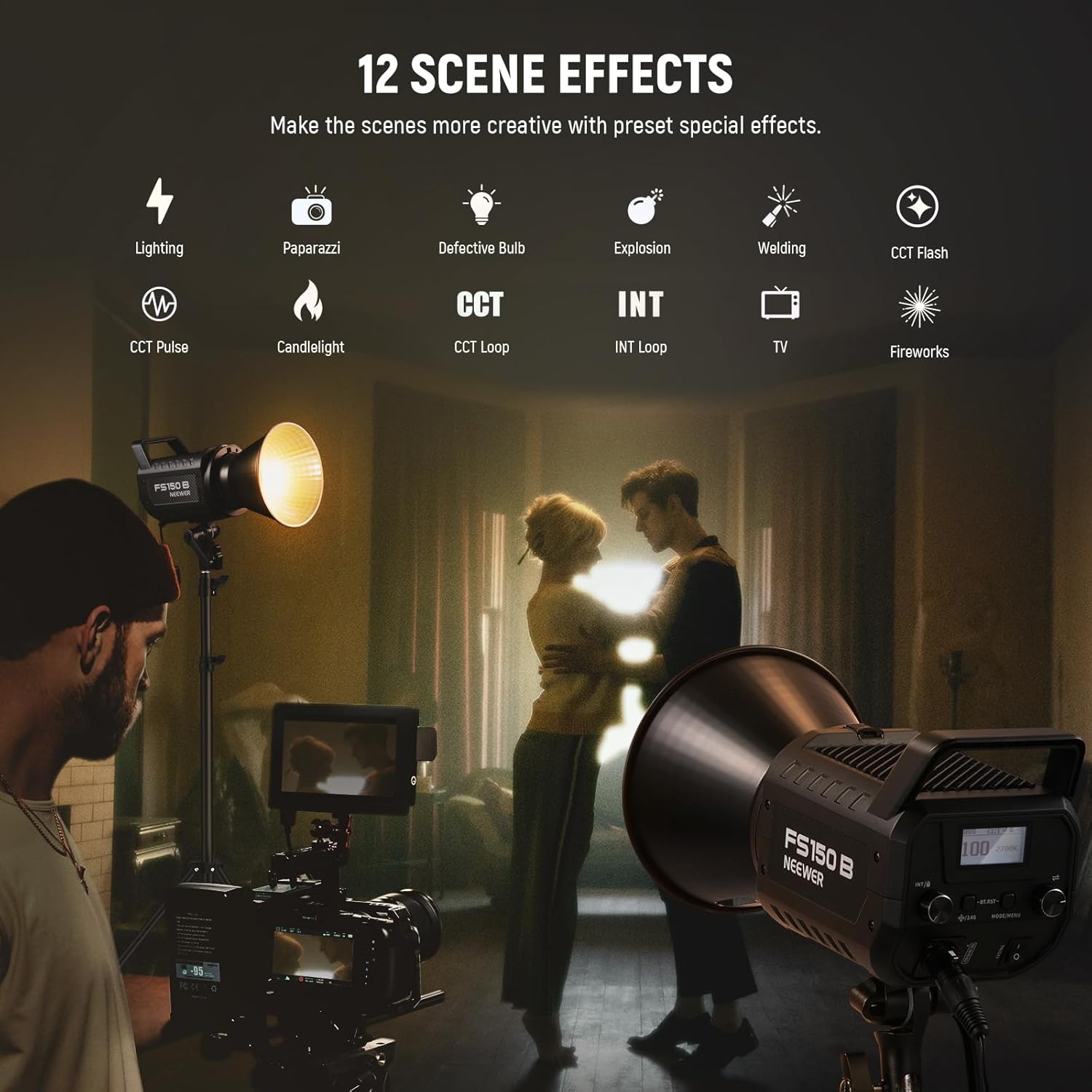 NEEWER FS150B LED Video Light 2.4G/APP Control,130W Bi Color COB Silent Photography Continuous Output Lighting with 4 Types Precise Dimming, 72000lux/1m, 2700K-6500K, CRI 97+,12 Effects, Bowens Mount