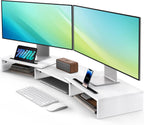 AMERIERGO Dual Monitor Stand Riser- 3 Shelf Screen Stand with Adjustable Length and Angle, 2 Extra Functional Slot Desktop Organizer Stand for PC, Computer, Laptop (White)