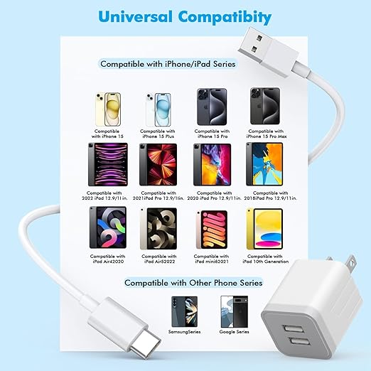 10FT iPhone 16 15 Charger,2Pack Dual Port 20W Fast Charging Block iPad Charger Plug Power Adapter 10Foot USB to USB C Cable Cord for iPhone 16/16 Pro Max/16 Plus/15/15 Plus/15 Pro/iPad Mini6/iPad Air5