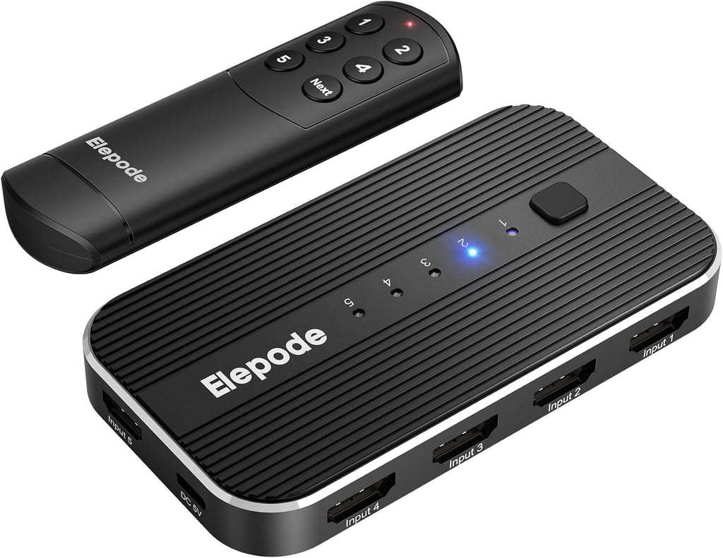HDMI Splitter with Remote, 5 in 1 Out 4K@60Hz Elepode HDMI Switch, HDMI 2.0 Switch Box Hub for 3D, HDCP2.2, HDR, Compatible with Xbox, PS5/4/3, Fire Stick Roku Blu-Ray Player
