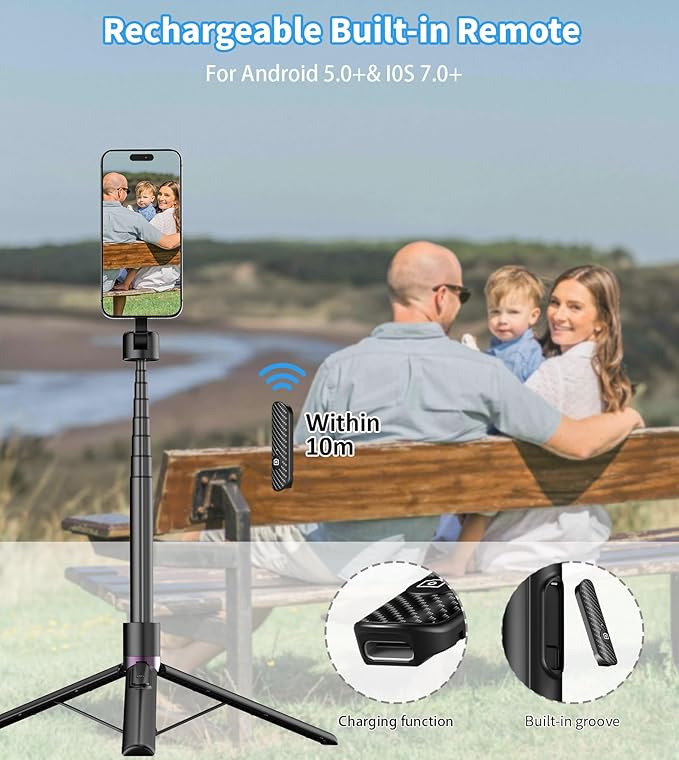 68" Magnetic Selfie Stick Tripod with Rechargeable Detachable Remote for Magsafe, Portable Small Extendable Phone Stand Tripods with Metal Ring, 360° Rotation for Vlog/Live Stream/Travel/Black