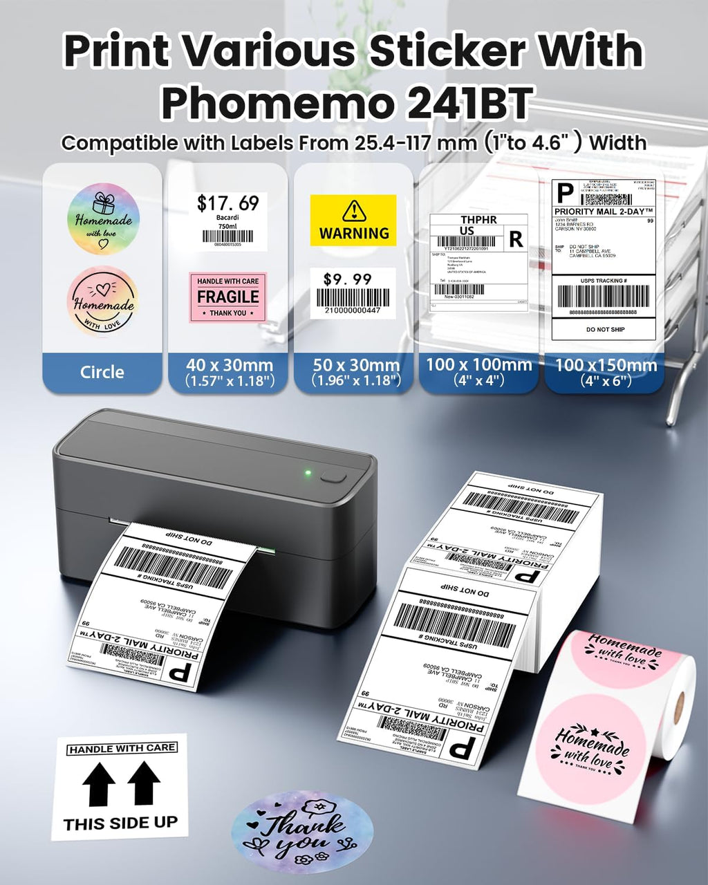Phomemo Bluetooth Shipping Label Printer, 241BT 4X6 Wireless Thermal Printer for Samll Business, Label Printers for Shipping Package, Compatible with iPhone, Android, Amazon, Shopify, UPSP, Gray