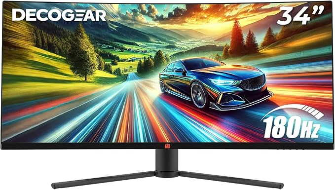 Deco Gear 34" 3440x1440 21:9 Ultrawide Curved Monitor, 180Hz, HDR10, 4000:1 Contrast Ratio, 99% sRGB, 16.7 Million Colors, Adaptive Sync, Blue Light Reduction