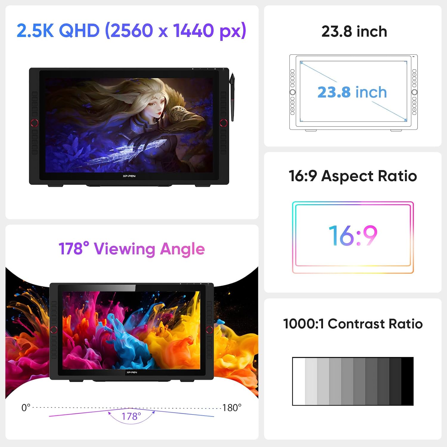 XPPen Artist 24 Pro 2.5K QHD Drawing Tablet with Screen,16.7M Colors Graphics Tablet with 8192 Pen Pressure Battery-Free Tilt Stylus & 20 Shortcut Keys for Windows, Mac, Chrome, Linux, 23.8"