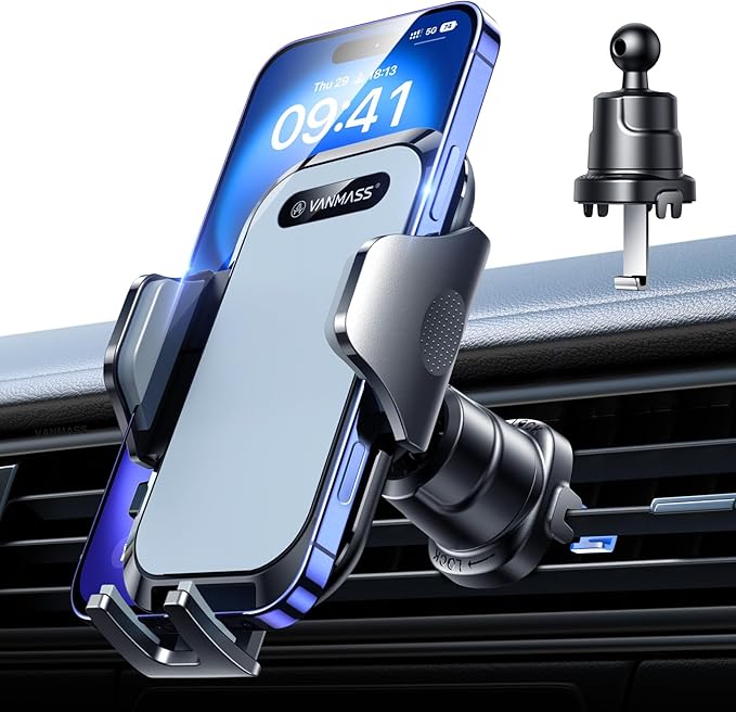 VANMASS Car Phone Holder Mount 2024 Upgraded [Patent Steel-Hook] Car Vent Phone Mount Clip Military-Grade Shockproof Cell Phone Car Mount Handsfree Truck Stand Vent Cradle for iPhone 15 Android,Grey