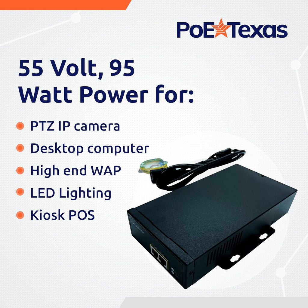 Poe Texas PoE Injector - 802.3bt PoE++ Single Port Power Over Ethernet Injector - Active PoE Adapter with 55V 95W Output - 10/100/1000 Gigabit Data - Mode A/B Wall Mount Plug & Play