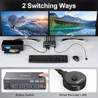 KVM Switch 2 Monitors 2 Computers 8K@60Hz/4K@144Hz, HDMI Displayport KVM Switches for 2 PC Sharing Dual Monitor and Keyboard Mouse with Power Adapter, Wired Extend Controller and USB3.0 Cables
