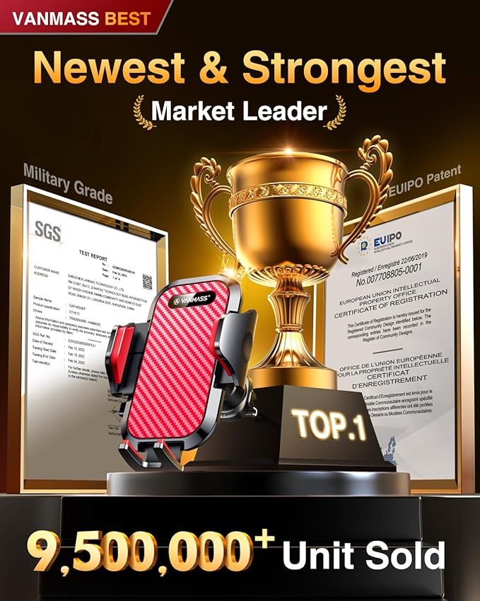 VANMASS Car Phone Holder Mount 2025 Upgraded [Patent Steel-Hook] Car Vent Phone Mount Clip Military-Grade Shockproof Cell Phone Car Mount Handsfree Truck Stand Vent Cradle for iPhone 16 Android,Red