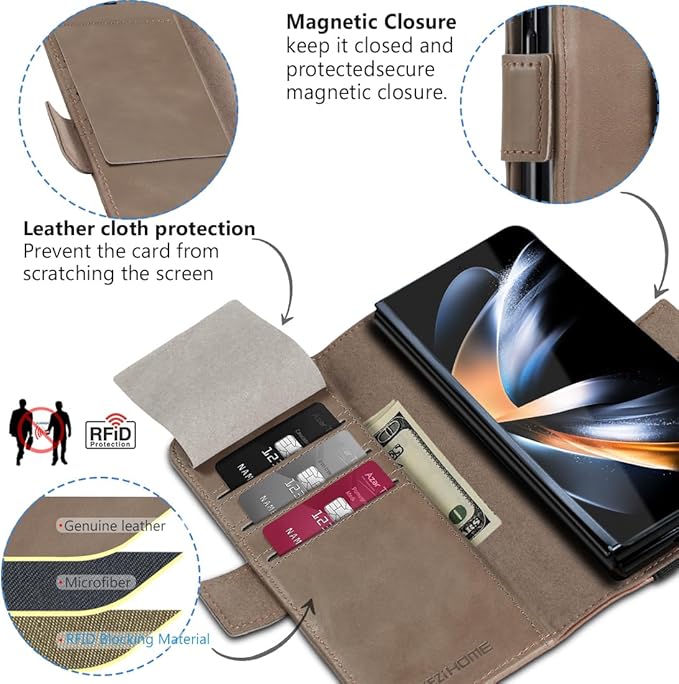 KEZiHOME Genuine Leather Wallet Case for Samsung Galaxy Z Fold 4 [RFID Blocking] with Card Holder Kickstand Book Flip Folio Case - Gray/Brown