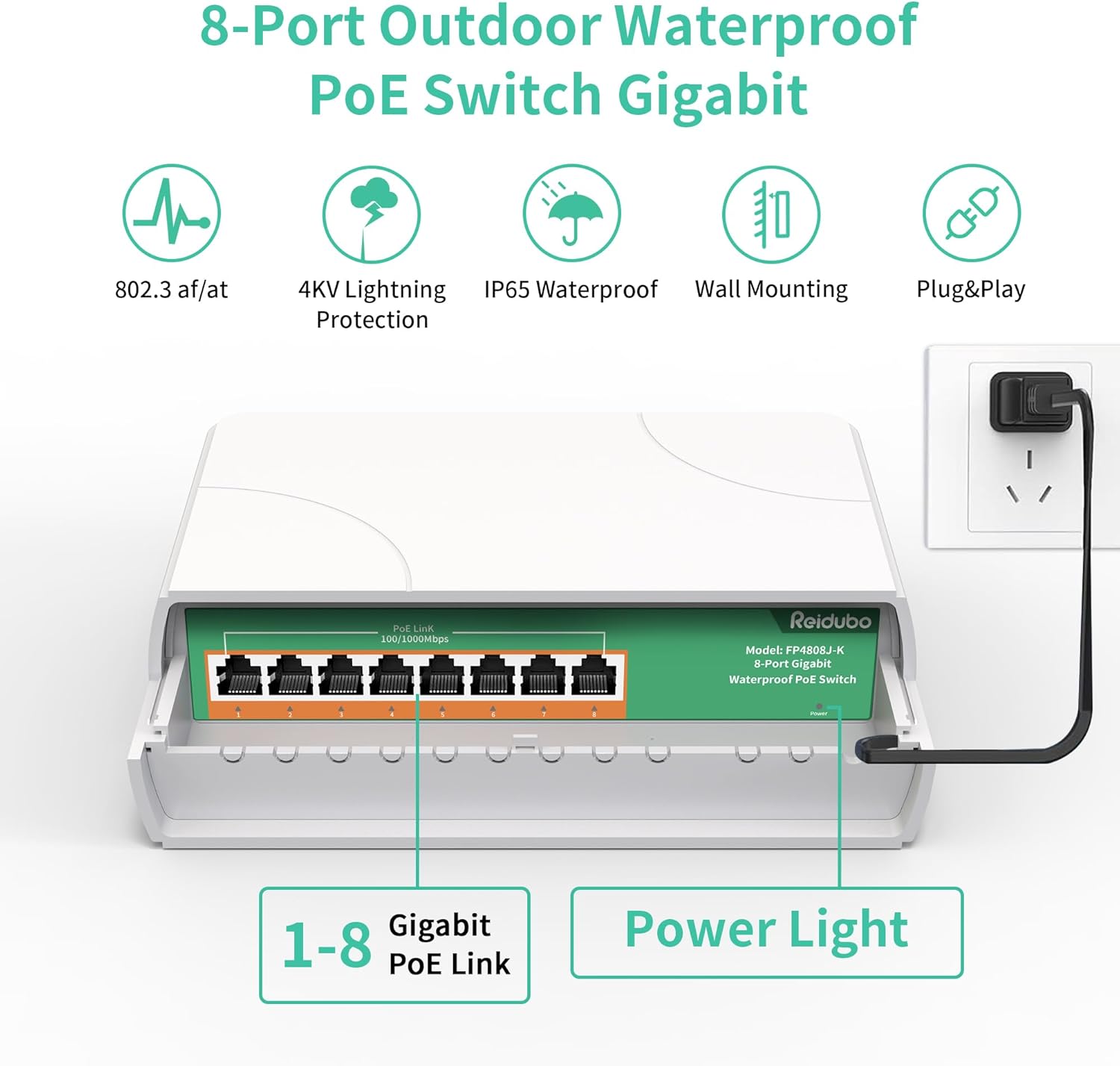 2 Pack 8 Port Gigabit PoE Switch Waterproof, 1000 Mbps 8 PoE+ Ports 120W, IEEE802.3af/at Power Over Ethernet Unmanaged Outdoor Network Switch, Plug & Play
