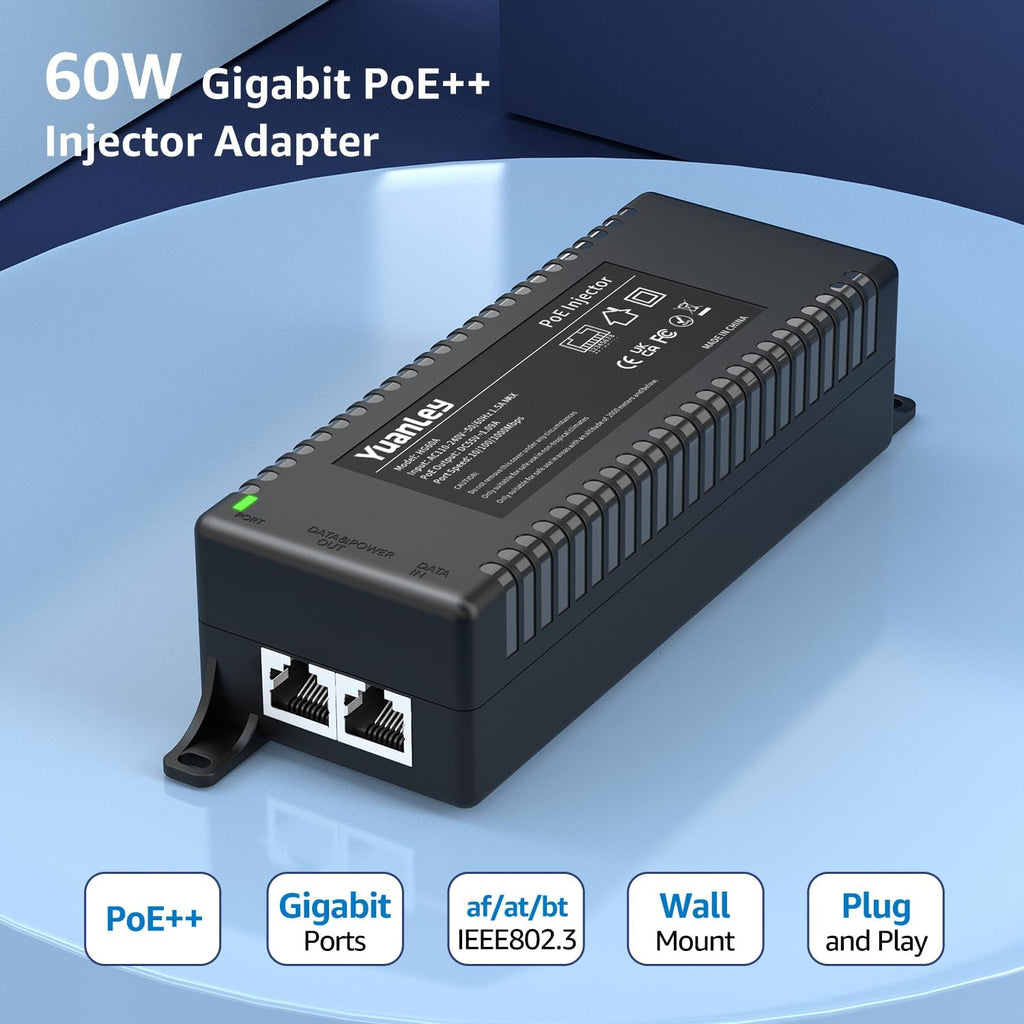 YuanLey Gigabit PoE Injector 60W, PoE++ Injector Converts Non-PoE to PoE++ Network, IEEE 802.3at/af, 10/100/1000Mbps PoE Adapter, Distances Up to 325 Feet, Plug & Play, Wall-Mounted