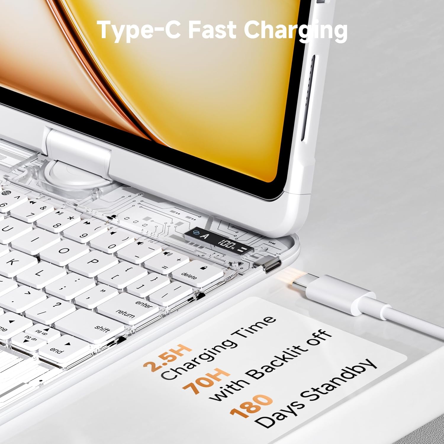 Keyboard Case for 12.9 inch iPad Pro 6/5/4/3rd Gen & 13 inch iPad Air (2025 M3, 2024 M2) Wireless Keyboard with Trackpad 7 Color Backlit, Transparent Protective Cover with Pencil Holder (White)