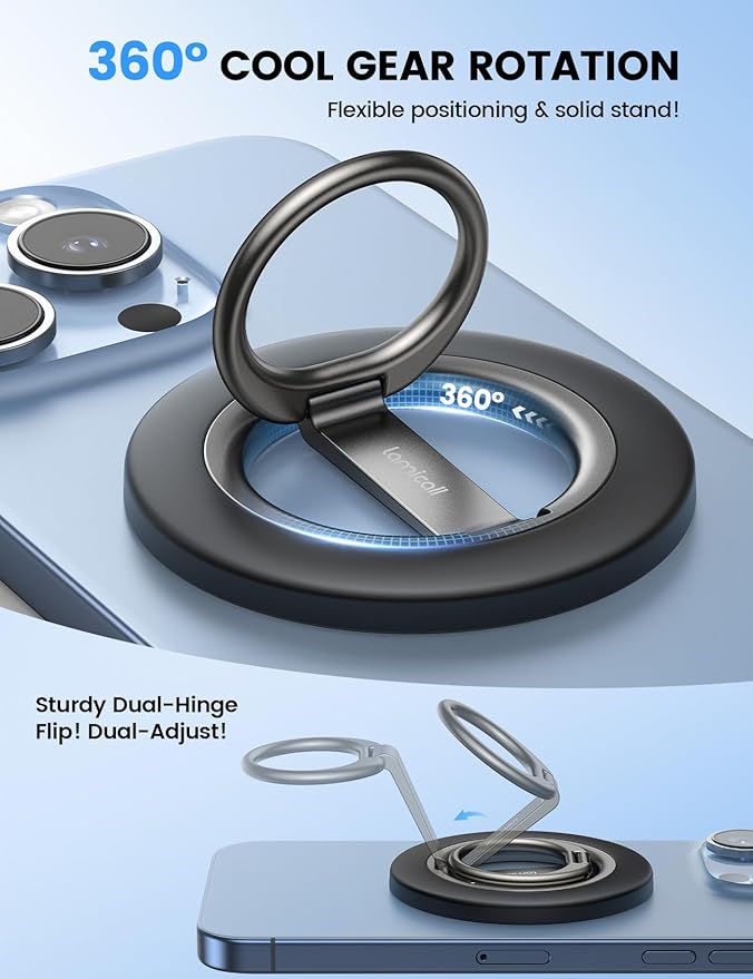 Lamicall Magnetic Phone Grip Stand for MagSafe - 2025 [Upgrade Dual-Hinge] Finger Ring Holder Phone Kickstand, Super Magnet 360° Rotation Ring, Mag Safe Accessories for iPhone 16 15 Pro Max, Androids