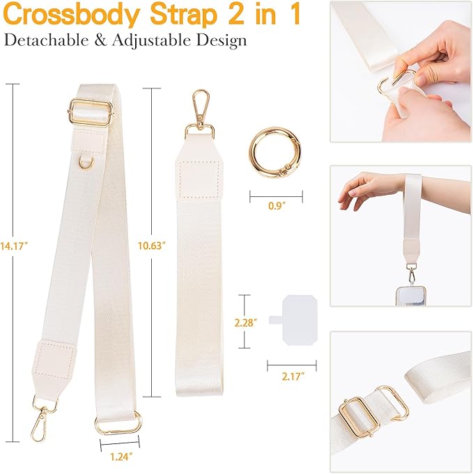 kullder Save Girls Phone Lanyard with Wallet, 2 Pcs-Clip & Go Phone Strap Crossbody with Zippered Pouch & Wrist Lanyard-1 Pad, Universal Cellphone Strap Adjustable Neck Crossbody for Women (Beige)