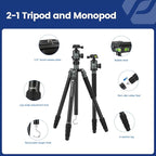Fotopro 68" Camera Tripod for DSLR, Heavy Duty Compact Travel Tripod with Ball Head, Detachable Monopod with Quick Release Plate and Bag, Load up to 12KG/26.5lbs(Grey)