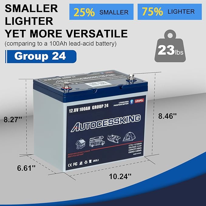 12V 100Ah BCI Group 24 Bluetooth LiFePO4 Battery, 120A BMS Rechargeable Mini Lithium Battery with Low-Temp Protection, Up to 15000 Cycles Perfect for RV, Camping, Solar, Off-Grid and Boat
