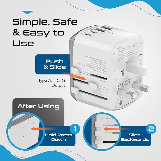 Ceptics Universal Travel Adapter 17.5W, 5 in 1 Universal Laptop Charger with 2X USB-A & USB-C 3.5A for Mobiles, Laptops, Cameras US, UK, EU, AU, All in 1 Type A, C, G, I Output, White