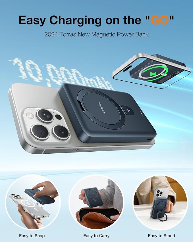 TORRAS 10000mAh Magnetic Portable Charger Power Bank for iPhone, Fast Charging Travel Essential Wireless Battery Pack Slim with OStand Compatible with Magsafe, 16 Pro Max,Pro,15,14,13,12, Black