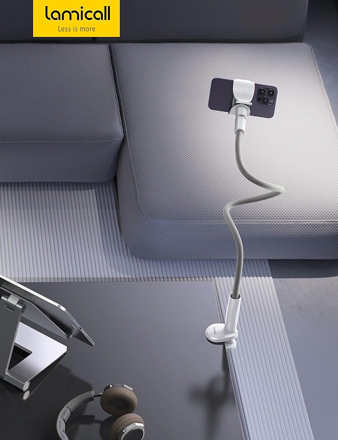 Lamicall Phone Holder Bed Gooseneck Mount, Cell Phone Clamp Clip for Desk, Flexible Long Arm Headboard Bedside Lazy Bracket, Overhead Table Stand Grey