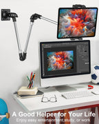 Tablet Wall Mount, 35" Aluminum Alloy Foldable Arm, 360 Degree Angle Adjustable for Kitchen/Desk, Compatible with 4.7-13" Tablet Like iPad Pro, Air, Mini, iPhone, Galaxy, Fire, Switch, Camera, Webcam