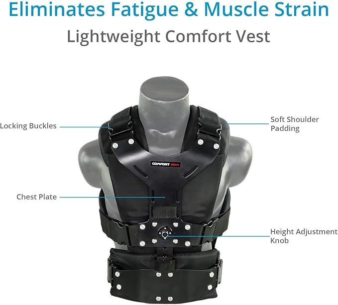 Flycam 5000 Handheld Camera Stabilizer with Comfort Arm Vest. Precise Balancing, Smooth & Fatigueless Operations. Quick Shock Absorption, Free Quick Release, Arm Brace & Table Clamp (FLCM-CMFT-KIT)
