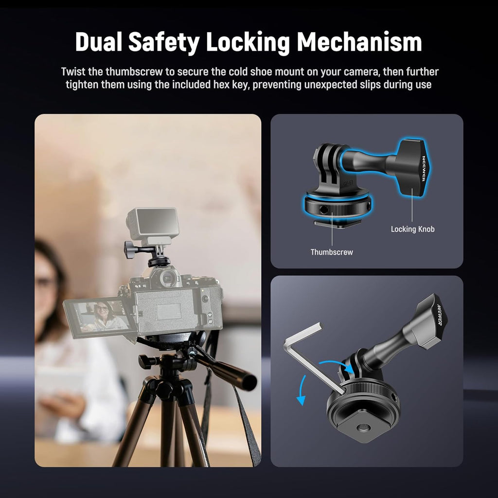 NEEWER Action Camera Cold Shoe Mount Adapter Compatible with GoPro Accessories Go Pro DJI Insta360 AKASO, Metal 1/4" Thread Hot Shoe Mount for Mini Tripod Selfie Stick, 180° Tilt, GP-63