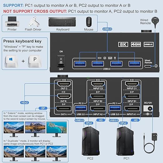 HDMI Displayport KVM Switch 3 Monitors 2 Computers 8K@60Hz/4K@144Hz, USB3.0 KVM Switches for 2 PC Sharing Triple Monitor and Keyboard Mouse with Power Adapter,Wired Extend Controller and USB3.0 Cables