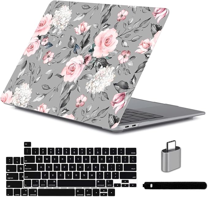 LanBaiLan Compatible for MacBook Pro 13 inch with Touch Bar 2022 2021 2020 2019 2018 2017 2016 Release M1 M2 A2338 A2289 A2251 A2159 A1989 A1706 A1708 Protective Case & Keyboard Cover, Grey Flowers