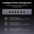 UGREEN Ethernet Switch, 6 Port PoE Switch, 4 PoE+@60W and 2 Gigabit Uplink, Plug & Play, Auto/VLAN/Extend Mode, Sturdy Metal, Desktop or Wall Mount Network Splitter Hub for Security Camera, IP Phone