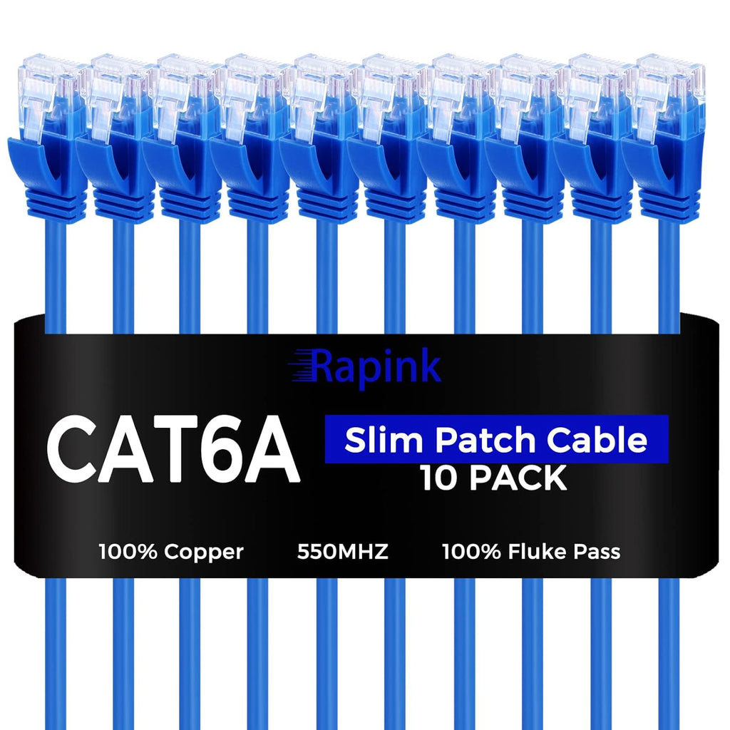 Rapink Patch Cables Cat6a 14ft (10 Pack) Slim, Cat6a Ethernet Patch Cable 10G Support, Snagless Cat 6 Patch Cable for Patch Panel to Switch, Flexiable Cat 6a Ethernet Cable with Gold Plated