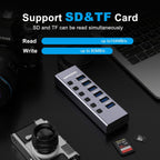 Powered USB Hub with TF/SD Card Reader, 8-Port USB 3.0 Hub with 6 USB 3.0 Data Ports, USB Spilter with Individual On/Off Switches，Aluminum USB Hub with AC Adapter for PC, Desktop, MacBook